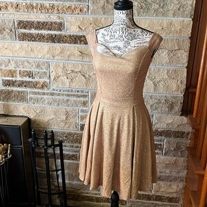 La Scala knee length gold/ burgundy off the shoulder sparkling dress